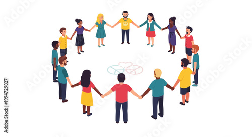 Diverse group of people holding hands in a circle with a symbol