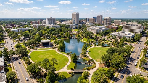Aerial view of Cascades Park and Tallahassee downtown skyline in Florida