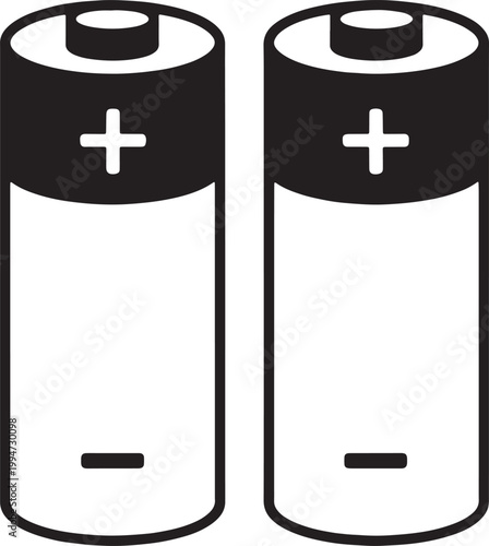 Two black and white simple line batteries side by side with positive and negative symbols