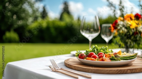 wellness nutrition mental concept. Outdoor dining setup with wine glasses and a fresh salad on a sunny day