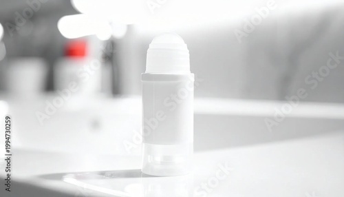 white roll on deodorant bottle standing on bathroom sink, skincare routine, personal hygiene and grooming, bathroom interior, empty blank label packaging