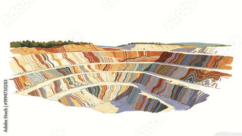 Illustrated Cross-Section of an Open-Pit Strip Mine Revealing Colorful Folded Geologic Strata, With Tree Covered Ridgeline at the Horizon