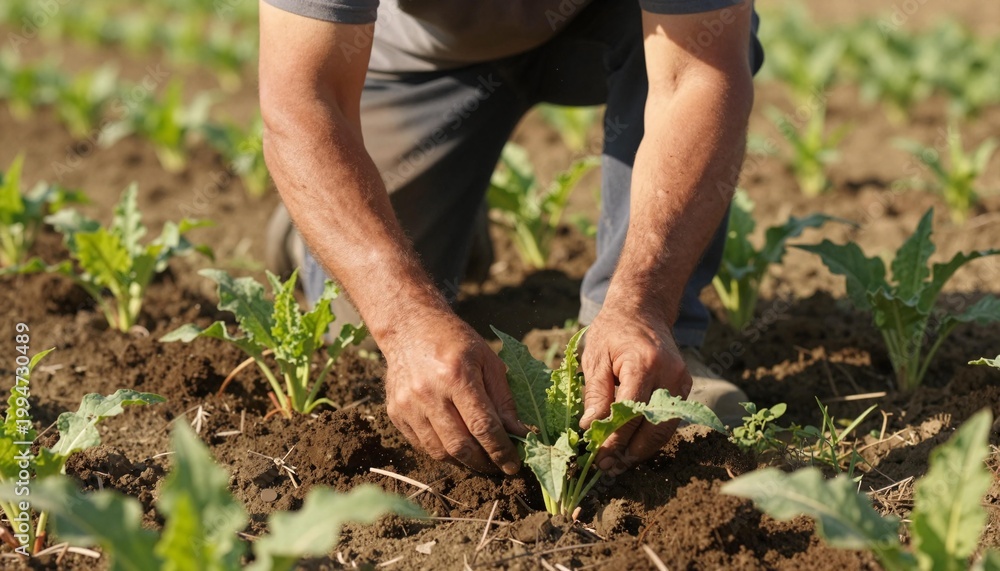 Fototapeta premium Farmer kneeling in a field tending young leafy seedlings with bare hands in rich soil