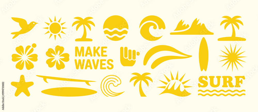 Fototapeta premium Minimal tropical beach icon collection featuring palm trees, ocean waves, surfboards and sun, ideal for clean summer design, apparel and branding use.