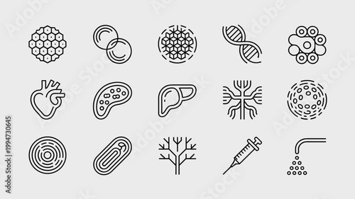 Medical bio-printing and organic structure icons – Ideal for regenerative medicine articles, science education, or health tech interfaces.