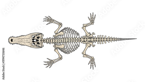An illustration depicts a skeleton of a lizard-like creature lying on its back with legs outstretched.