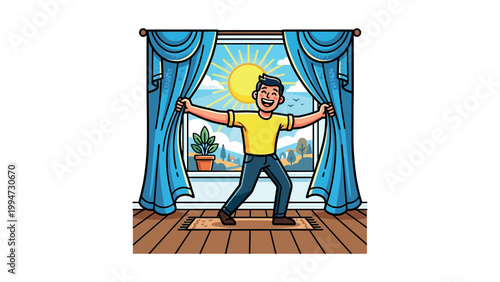 Man opens curtains to reveal sunny landscape view from room with blue curtains.