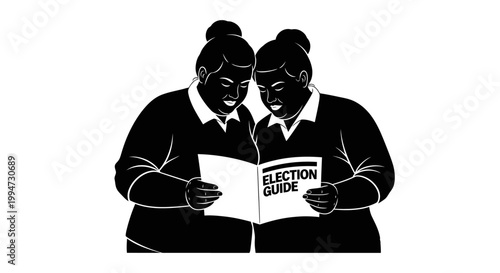 Two Women Reading Election Guide Together, Discussing Voting Choices.