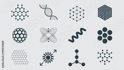 Precise nanotechnology and molecular structure icons – Perfect for materials science journals, chemical engineering blogs, or tech branding.