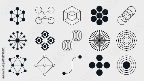 Nanotechnology and molecular engineering grid icons – Perfect for scientific research journals, laboratory branding, or high-tech manufacturing visuals.