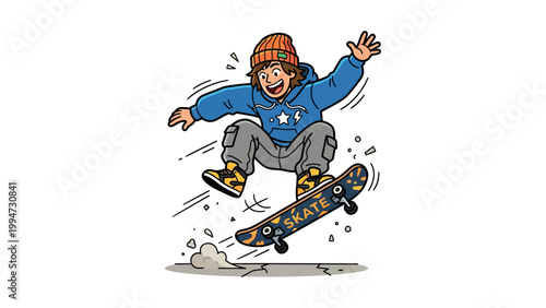 A young boy performs a skateboarding trick with his skateboard in mid-air outdoors