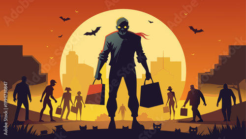 Silhouette of man walking with dinosaurs at sunset