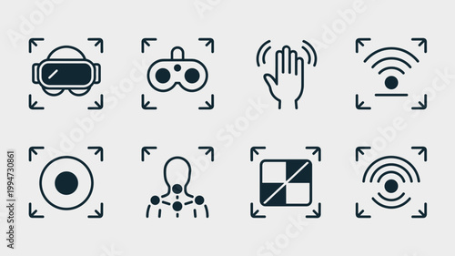 VR headset and haptic feedback icon sheet – Great for gaming websites, virtual reality technology blogs, or tech hardware interfaces.