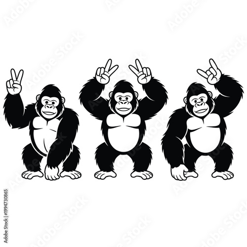 Three gorillas making peace signs and rock on gestures