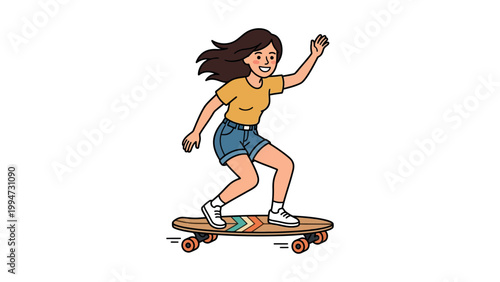 A young girl rides a skateboard with her hand raised in a casual outdoor setting.