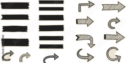 Hand-drawn black tape strips and arrows with hatched shading on a light beige background