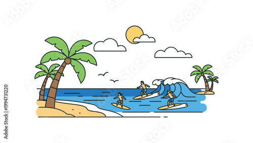 People surf on paddleboards in a tropical ocean with palm trees.