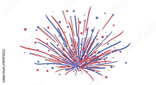 Fireworks explosion with red and blue streaks and stars