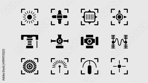 Industrial robotics and sensor system icons – Suitable for factory automation dashboards, hardware specifications, or mechanical design guides.