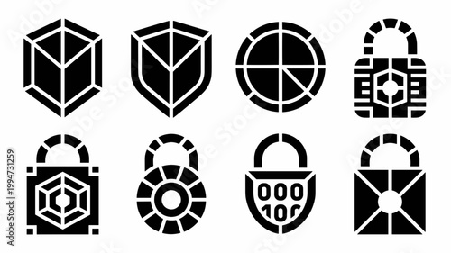 Bold black cybersecurity and data protection icons – Suitable for corporate security reports, privacy blogs, or encrypted tech branding.