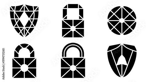 Geometric cybersecurity and encryption symbol set – Great for antivirus software, firewall interfaces, or secure login page icons.