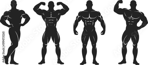 Black silhouettes of muscular bodybuilders posing with strong flexed muscles showing fitness strength and athletic power for gym workout design elements.