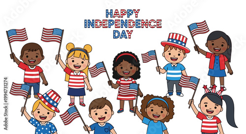 Diverse children celebrating Independence Day with American flags