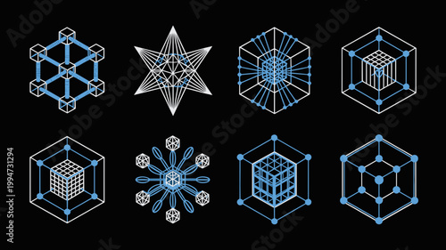Quantum circuit and crystalline data structure icons – Suitable for advanced computing apps, tech science blogs, or quantum network UI.