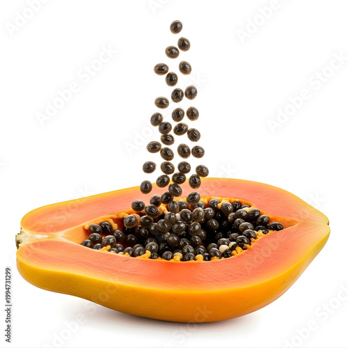 Fresh papaya fruit with seeds falling out