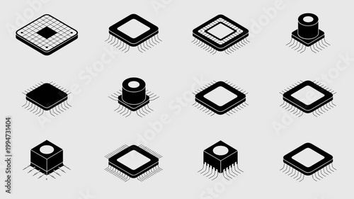 Minimalist isometric electronics and processor icons – Ideal for computer hardware catalogs, tech blog graphics, or electronic circuit guides.