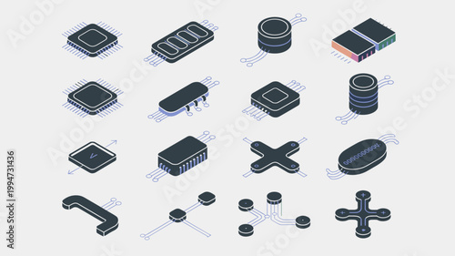 Isometric microchip and logic gate icon grid – Great for microprocessor research, high-tech interface design, or digital system dashboards.