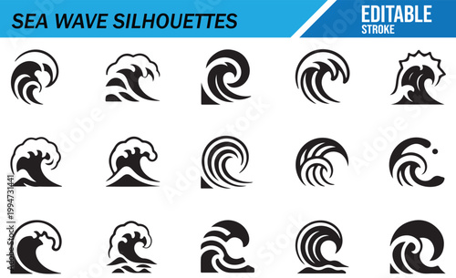 Editable sea wave icon sheet with surf and tide silhouette symbols