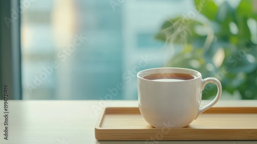 wellness nutrition mental concept. Steaming hot cup of tea on a wooden tray with a blurred background.