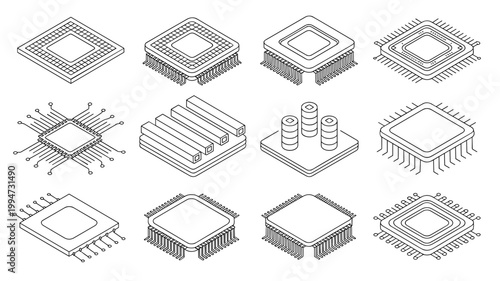 Technical microchip components and isometric paths – Suitable for circuit board design software, technical manuals, or digital electronics apps.