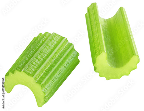 Falling Celery pieces  isolated on white. Levitating Fresh celery ribs. Flying celery stalks  Top view. Flat lay