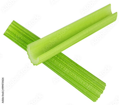 Falling Celery pieces  isolated on white background. Fresh celery ribs. Flying celery stallks  Top view. Flat lay