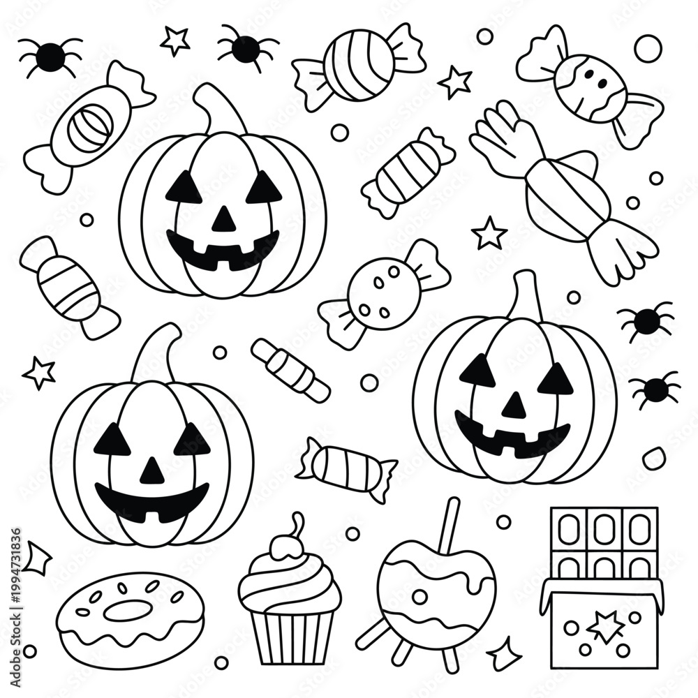 Fototapeta premium A playful halloween pattern featuring pumpkins candy and spooky crawlers