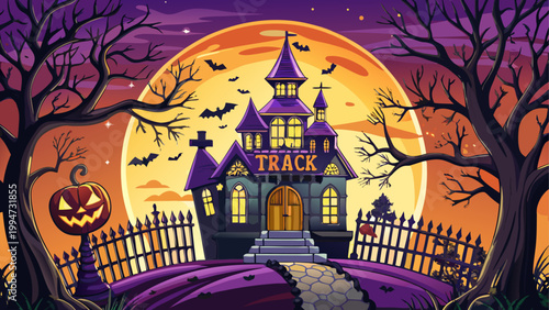 Dark fantasy castle with glowing trees and knight statues at night