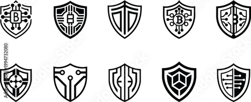 Cybersecurity and Blockchain Shield Icon Set, Digital Protection and Encryption Symbols, Fintech Network Defense Vector Collection