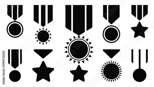 Black silhouette icons representing awards and achievements on white background