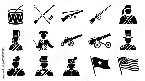American revolutionary war silhouette icons set soldiers guns flags and military symbols