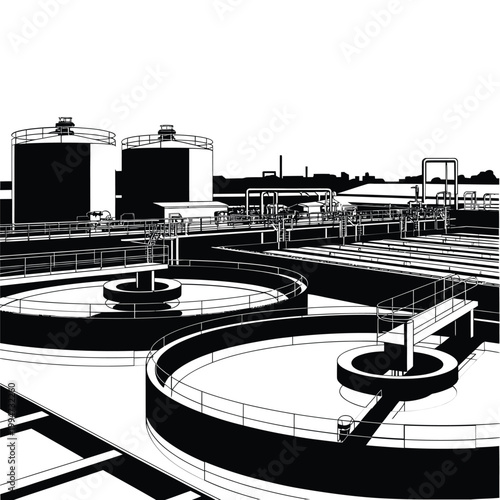 Industrial wastewater treatment plant with large circular tanks and structures