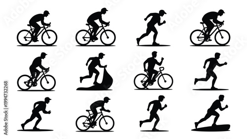 Set of black silhouette icons depicting active dad cycling and running in various dynamic poses on white background