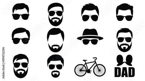 Silhouette icons of cool dad elements with faces hats bicycle and text on white background
