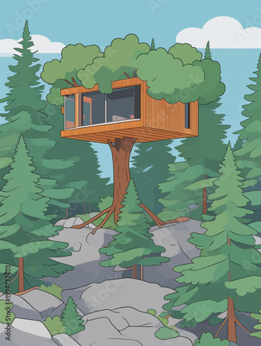 Treehouse with Glass Walls in Forested Area