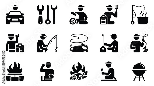 Black silhouette icons of dad's hobbies and leisure activities on white background
