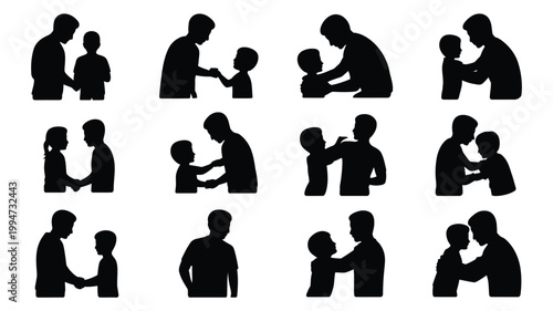 Set of black silhouette icons depicting father and child interactions showing love care and bonding moments