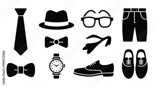 Collection of black silhouette icons of men's fashion accessories and clothing on white background