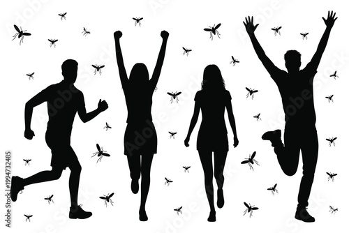 Silhouettes of people celebrating success with confetti in the air
