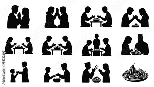 Vector illustration of people eating and socializing in various dining settings with food